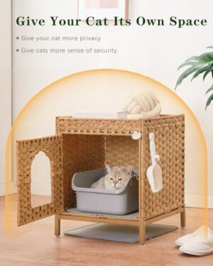 Cat Litter Box Enclosure Hidden Litter Box Furniture with Metal Heightened Feet, Rattan Handwoven Cat House with Litter Mat, Hidden Litter Box Furniture for Bedroom Living Room Natural - Image 8