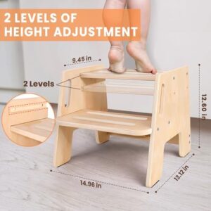 Toddler Step Stool, Wooden Height-Adjustable 2-Step Stool for Kids, Potty Training Stool with Handles for Bathroom Sink, Kitchen, Bedroom - Image 3