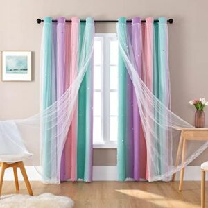 XiDi Blackout Curtains for 84 inches Long, Girls Bedroom Decro, Window Ombre Curtains 2 Panel Sets, Kids Room Unicorn Princess Theme Home Decor Colorful Rainbow Design Pink/Purple/Green