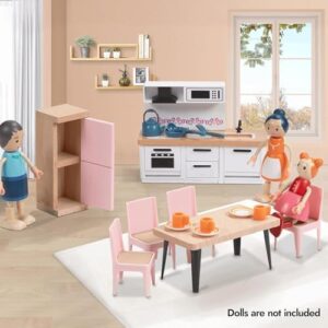 Giant bean 32pcs Wooden Dollhouse Furniture Set 5 Rooms, Wood & Plastic Pink Dollhouse Accessories Pretend Play Furniture Toy Christmas Birthday Gift Toy for Kids Boys Girls Toddler 3+ - Image 4
