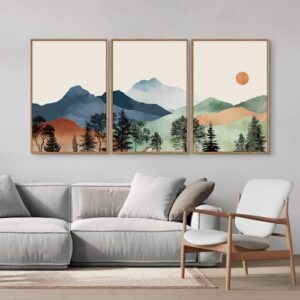 SIGNINART Boho Mountain Framed Canvas Wall Art Set of 3, Watercolor Nature Landscape Set Art Prints, Modern Sunrise Art Paintings, Green Forest Wall Decor for Living Room, Bedroom, Office 16"x24"x3 - Image 3