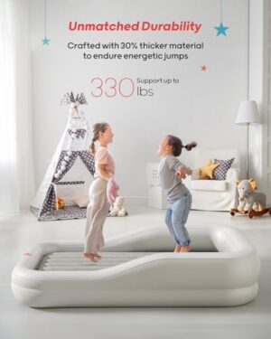 QPAU Larger Inflatable Toddler Travel Bed, Portable Kids Air Mattress with Built-in Bumpers, Fast Electric Pump, Separate Mattress Design, for Home, Grandma's, Camping, and Vacation, Grey - Image 3