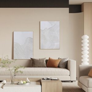 Framed Neutral Abstract Wall-Art Painting - Large Abstract Canvas Wall Decor 3D Curve Illustrations Hand painting for Living Room, Bedroom, Office - 2 Piece 28 x 40 Inch, Ready to Hang - Image 3