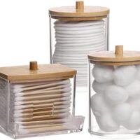 Tbestmax Qtips Holder Bathroom Container, 10/7 OZ Cotton Ball/Swabs Dispenser, Apothecary Jar Organizer for Storage Wood Lids