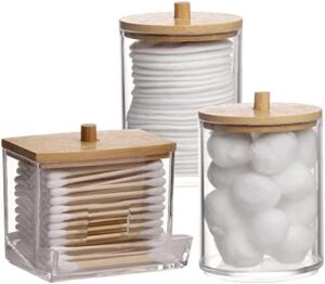 Tbestmax Qtips Holder Bathroom Container, 10/7 OZ Cotton Ball/Swabs Dispenser, Apothecary Jar Organizer for Storage Wood Lids