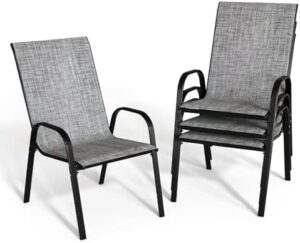 Patio Chairs Set of 4, Outdoor Stackable Dining Chairs with High Back for All Weather, Outdoor Furniture with Breathable Textile Fabric for Garden, Backyard Deck, Pool Side, Grey