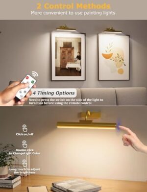 Picture Light Battery Operated, 13in Wireless Art Light for Paintings, Dimmable 5000mAh Recharging Battery Picture Light with Remote Control for Wall, Gallery Dartboard Art Bedroom (Gold-2Pack) - Image 3
