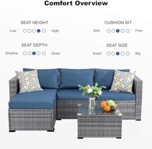 Shintenchi 3 Pieces Patio Furniture Set,All-Weather Rattan Patio Conversation Set,Outdoor Sectional Silver Wicker Patio Couch with Washable Cushions and Glass Coffee Table(Navy Blue) - Image 6