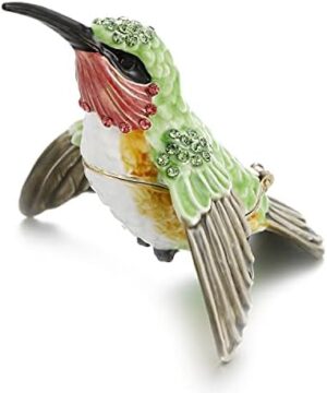 Hand Painted Enamel Hummingbird Trinket Box for Home Decor, Hinged Jewelry Organizer for Ring Earrings, Unique Figurine Keepsake Collectible Personalized Elegant Handmade Ornament (Hummingbird-1)