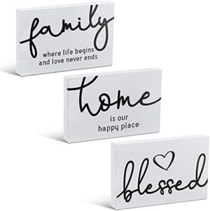 Jetec 3 Pcs Family Home Blessed Rustic Wood Sign Mini Wood Decorative Farmhouse Woodworks Table Shelves Decorations Sign for Bedroom Kitchen Living Room Table Decor(White,4.25 x 2.76 x 0.59 in)