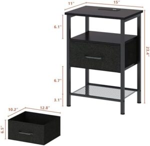 Night Stand Set 2, End Table with Charging Station, LED Bedside Table with Fabric Drawer for Bedroom, 3-Tier Side Table with Open Shelf, Black - Image 7