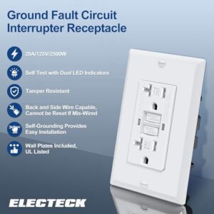 ELECTECK 20 Pack GFCI Outlets 20 Amp, Tamper Resistant (TR), Self-Test GFI Receptacles with LED Indicator, Ground Fault Circuit Interrupter, Decor Wallplate Included, UL Listed, White - Image 2
