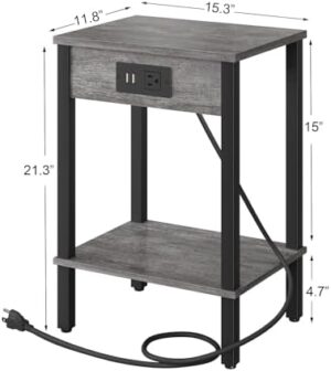 Set of 2 End Table with Charging Station, Narrow Side Table with USB Ports and Outlets, Nightstands with 2-Tier Storage Shelves, Sofa Table for Small Space Living Room Bedroom, Grey - Image 3