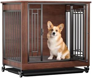 Dog Crate Furniture, 32" Dog Kennel Furniture, Small Dog Kennel Indoor, Dog Crates for Small Dogs, Wooden Dog Crate with Wheels, Tray, Feeding Window