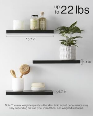 BAYKA Floating Shelves for Wall, Wall Mounted Rustic Wood Shelves for Bathroom, Bedroom, Living Room, Kitchen, Hanging Shelf for Books/Storage/Room Decor with 22lbs Capacity (Black, Set of 3, 15.7in) - Image 7