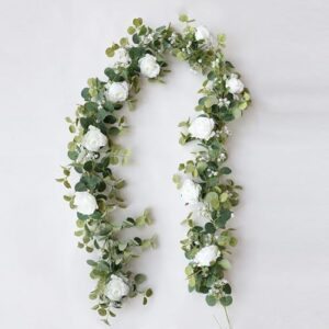 Anna's Whimsy 2PCS 5.91FT Artificial Eucalyptus Garland with Flowers, Fake Rose Gypsophila Garland, Faux Floral Garland Greenery Garland for Wedding Spring Home Party Table Runner Decor(White) - Image 8