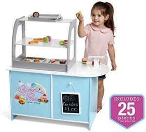 Wooden Bakery Playset Pretend Stand for Kids - 25 Piece Bake Shop Cafe Counter with Food, Donuts, Cake, Chalkboard, Cash Register, Trays & More- Durable Construction for Creative Playtime- Girls Gift - Image 8