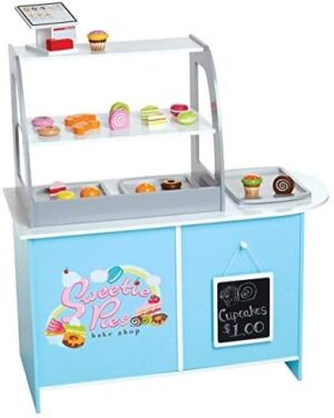Wooden Bakery Playset Pretend Stand for Kids - 25 Piece Bake Shop Cafe Counter with Food, Donuts, Cake, Chalkboard, Cash Register, Trays & More- Durable Construction for Creative Playtime- Girls Gift - Image 7