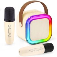 Mini Karaoke Machine for Kids, Birthday Easter Gifts Toys for Girls Boys Friends Age 3-12+, Portable Bluetooth Speaker with 2 Wireless Mics, Karafun Premium Songs Family Home Party(Off White)