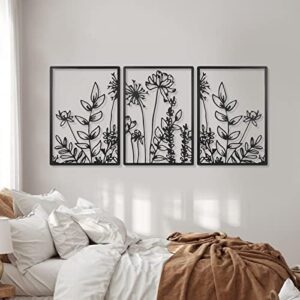 Therwen 3 Pcs Black Metal Wall Art Minimalist Wall Decor for Bedroom Flowers Decor Hanging Flower Bathroom Art Flower Line Sculpture Kitchen Decoration 16.5 x 9.8 Inch(Cute Style) - Image 6