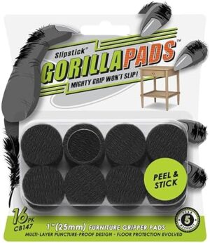 Slipstick GorillaPads CB147 Non Slip Furniture Pads/Gripper Feet (Set of 16) Self Adhesive Rubber Floor Protectors, 1 inch Round, Black