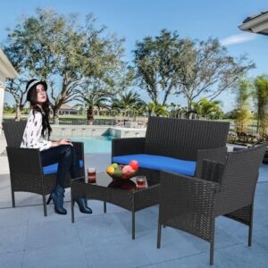 Athena Collection Outdoor Patio Furniture Set of 4, Rattan Outdoor Table and Chairs Sofa Set, Wicker Law Patio Conversation Furniture for Balcony, Front Porch, Bistro, Backyard, Black Blue - Image 4