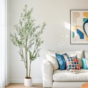 Artificial Fake Olive Tree 6FT Tall 1Pack with White Planter Faux Silk Olive Tree for Home Living Room Office Decor Faux Artificial Plants Indoor with Fruit & Free Moss - Image 5