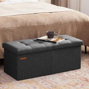 HAUSFRAU 31.5 Inches Ottoman with Storage Bench, Folding Ottoman Bench Small Foot Rest Stool, Bedroom Bench with Flipping Lid, Linen Dark Gray - Image 2