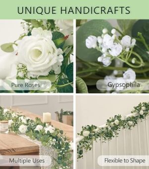 Anna's Whimsy 2PCS 5.91FT Artificial Eucalyptus Garland with Flowers, Fake Rose Gypsophila Garland, Faux Floral Garland Greenery Garland for Wedding Spring Home Party Table Runner Decor(White) - Image 4