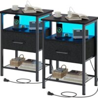 Night Stand Set 2, End Table with Charging Station, LED Bedside Table with Fabric Drawer for Bedroom, 3-Tier Side Table with Open Shelf, Black