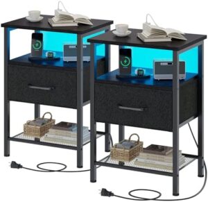 Night Stand Set 2, End Table with Charging Station, LED Bedside Table with Fabric Drawer for Bedroom, 3-Tier Side Table with Open Shelf, Black