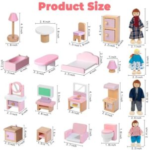 Kizfarm Wooden Dollhouse Furniture Set with 4 Family Dolls, 26 Pcs Pretend Play Dollhouse Accessories for 4 Rooms, Pink Furniture Toys Birthday Gifts for Girls Boys Age 3+ - Image 6