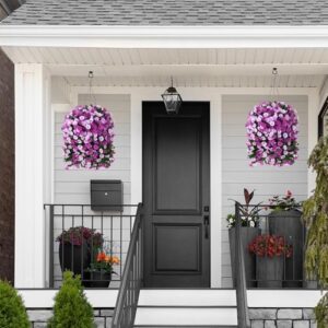 Artificial Fake Flowers Plants Hanging Baskets Outdoor Outside Spring Decor, Faux Silk Light Fuchsia and Fuchsia UV Resistant Look Real Morning Glory Home Patio Porch Balcony Decoration - Image 5