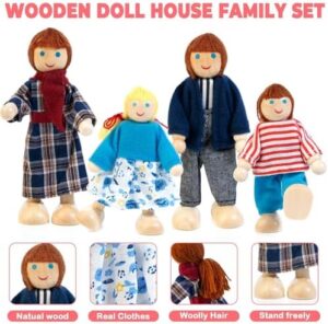 Kizfarm Wooden Dollhouse Furniture Set with 4 Family Dolls, 26 Pcs Pretend Play Dollhouse Accessories for 4 Rooms, Pink Furniture Toys Birthday Gifts for Girls Boys Age 3+ - Image 2
