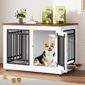 YITAHOME 35" Dog Crate Furniture, Wooden Side End Table with Adjustable Feet and Removable Bowls, Dog Kennel Indoor for Small Medium DogsV - Image 5