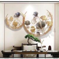 CDDUOLA 3D Room Wall Decor, Handmade Art Metal Round Golden Ginkgo Leaf Decorative Wall Sculpture for Home Living Room And Bedroom, 2 Pack