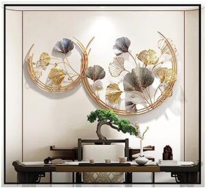 CDDUOLA 3D Room Wall Decor, Handmade Art Metal Round Golden Ginkgo Leaf Decorative Wall Sculpture for Home Living Room And Bedroom, 2 Pack