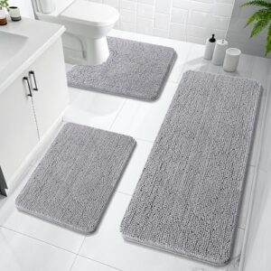 OLANLY Bathroom Rugs Sets 3 Piece, Soft Absorbent Chenille Bath Mats and U-Shaped Contour Toilet Rug, Quick Dry, Home Decor Accessories, Bath Mat Set for Bathroom (47"x20"+24"x16"+24"x20", Grey)