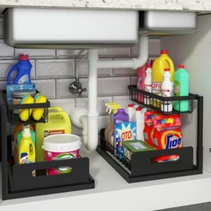REALINN Under Sink Organizer, Pull Out Cabinet Organizer Slide Out Sink Shelf Cabinet Storage Shelves, Storages for Kitchen Bathroom, Black, 2 Pack