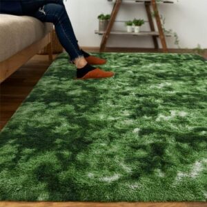 DweIke Extra Large Fuzzy Rug Fluffy Carpets, 8x10 Feet Tie-Dye Dark Green Rugs for Living Room Bedroom Girls Kids Room Nursery Home Decor, Non-Slip Floor Carpet, Dark Green - Image 2