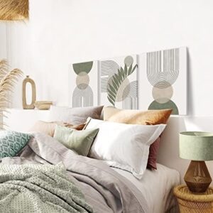 Sage Green Boho Wall Art Set of 3, Minimalist Framed Wall Art Geometric Line Leaf Sun Moon Beige Green Canvas Artwork Paintings, Abstract Botanical Boho Room Decor, Office, 12"x16" - Image 4