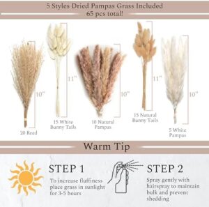 VELOVA Set of 3 White Ceramic Vase with 65 PCS Dried Pampas Grass Flowers Aesthetic Boho Modern Small Round Cute Vases for Decor Living Room Coffee Table Shelf Bedroom Office Desk Home Gifts Women Mom - Image 3