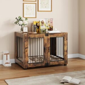 31.5" Dog Crate Furniture - Chew-Resistant Wooden Kennel with Locking Double Doors, Indoor Pet Cage End Table for Medium Breeds - Image 5
