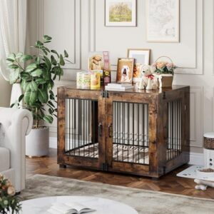 31.5" Dog Crate Furniture - Chew-Resistant Wooden Kennel with Locking Double Doors, Indoor Pet Cage End Table for Medium Breeds - Image 8