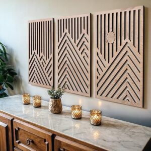 qmmp Modern Wooden Wall Sculptures - Set of 3 - MDF - Oak - Home Decor Accent - Large Wall Art for Living Room, Bedroom, Office - Easy Installation (Oak, Large - Mountain and Sun, Unframed)
