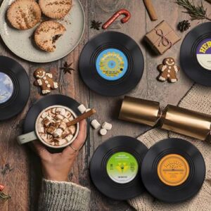 Funny Retro Record Coasters for Drinks with Vinyl Player Holder for Music Lovers,Set of 6 Conversation Piece Sayings Drink Coaster,Housewarming Hostess Wedding Registry Gift Ideas - Image 2