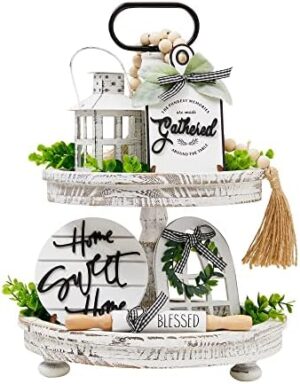 Houmury Set of 16 Farmhouse Tiered Tray Decor with 1 Lantern Artificial Plant& Cutting Board Sign for Rustic Home Kitchen Decor Tier Tray Decor Set (Tiered Tray Not Included)