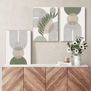 Sage Green Boho Wall Art Set of 3, Minimalist Framed Wall Art Geometric Line Leaf Sun Moon Beige Green Canvas Artwork Paintings, Abstract Botanical Boho Room Decor, Office, 12"x16" - Image 3