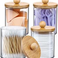 4 Pack Qtip Holder Dispenser with Bamboo Lids - 10 oz Clear Plastic Apothecary Jar Containers for Vanity Makeup Organizer Storage - Bathroom Accessories Set for Cotton Swab, Ball, Pads, Floss