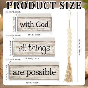 4 Pcs Farmhouse Wooden Tabletop Decor Farmhouse Tiered Tray Decor Rustic Retro Wood Bead Garland with God All Things are Possible Block Sign Neutral Centerpiece Sign for Home Shelf Mantle - Image 3